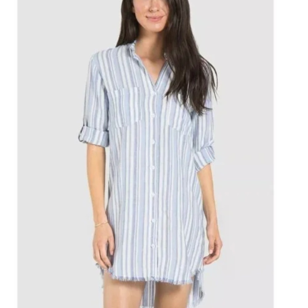 Cloth & Stone Linen Blend Western Striped Frayed Tunic Shirt Dress Size XS EUC